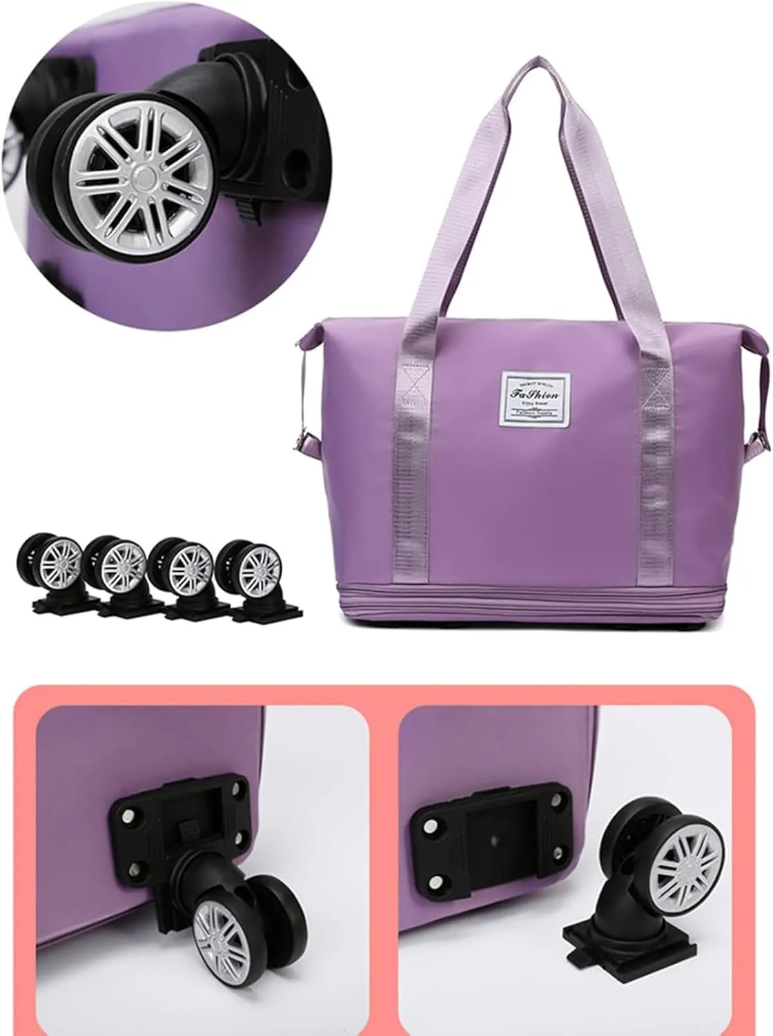 Kulken Travel Bag with Wheels, 2025 New Large Capacity Travel Bag - Universal Wheel Removable, Wheel-Equipped (Light Purple)