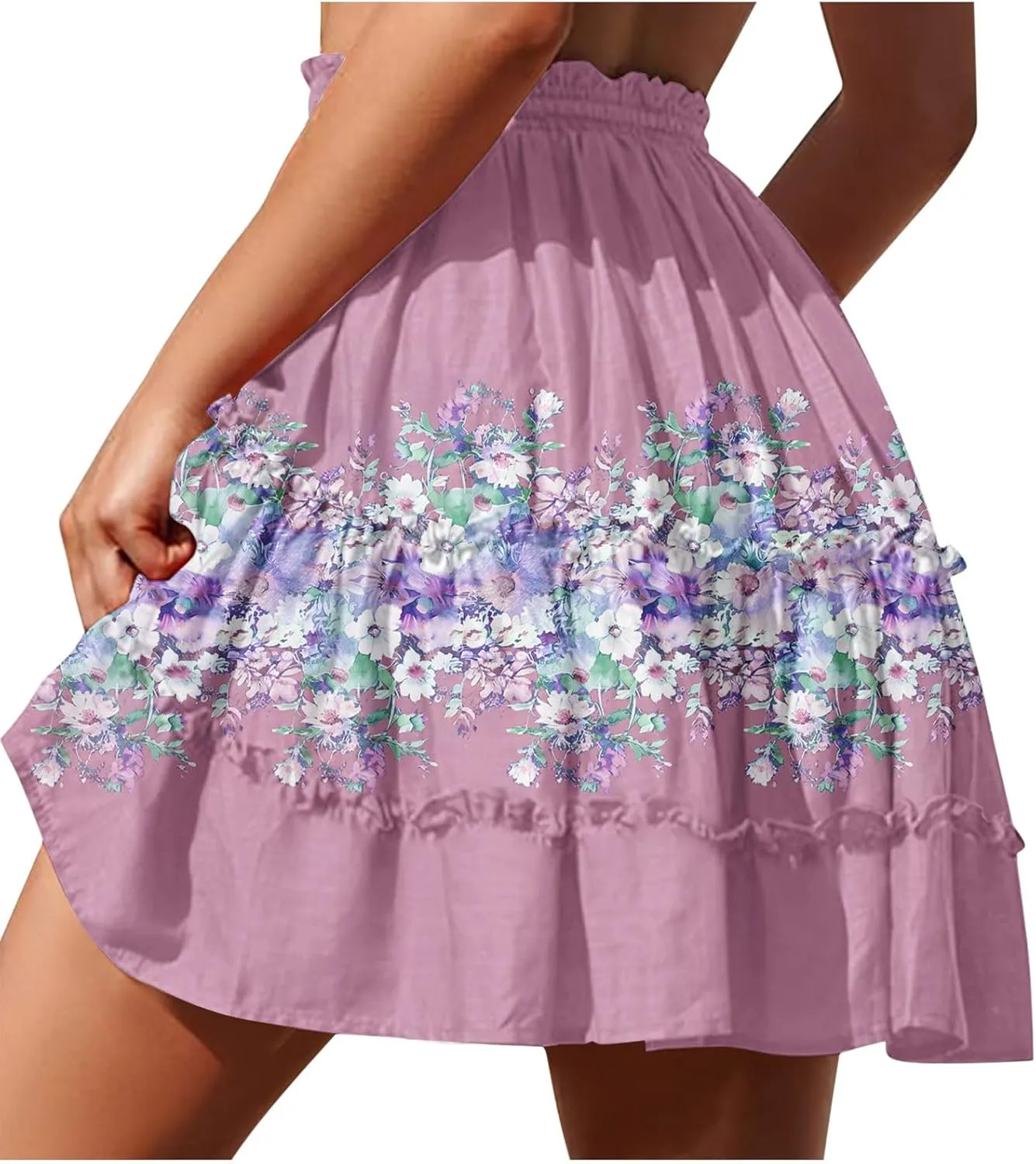 Ladies Floral Boho Skirts 2025 Trendy Summer Ruffle Swing Beach Skirt Casual Bohemian Vacation Skirt for Women