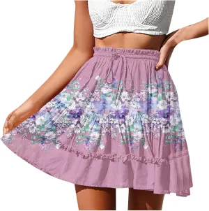 Ladies Floral Boho Skirts 2025 Trendy Summer Ruffle Swing Beach Skirt Casual Bohemian Vacation Skirt for Women