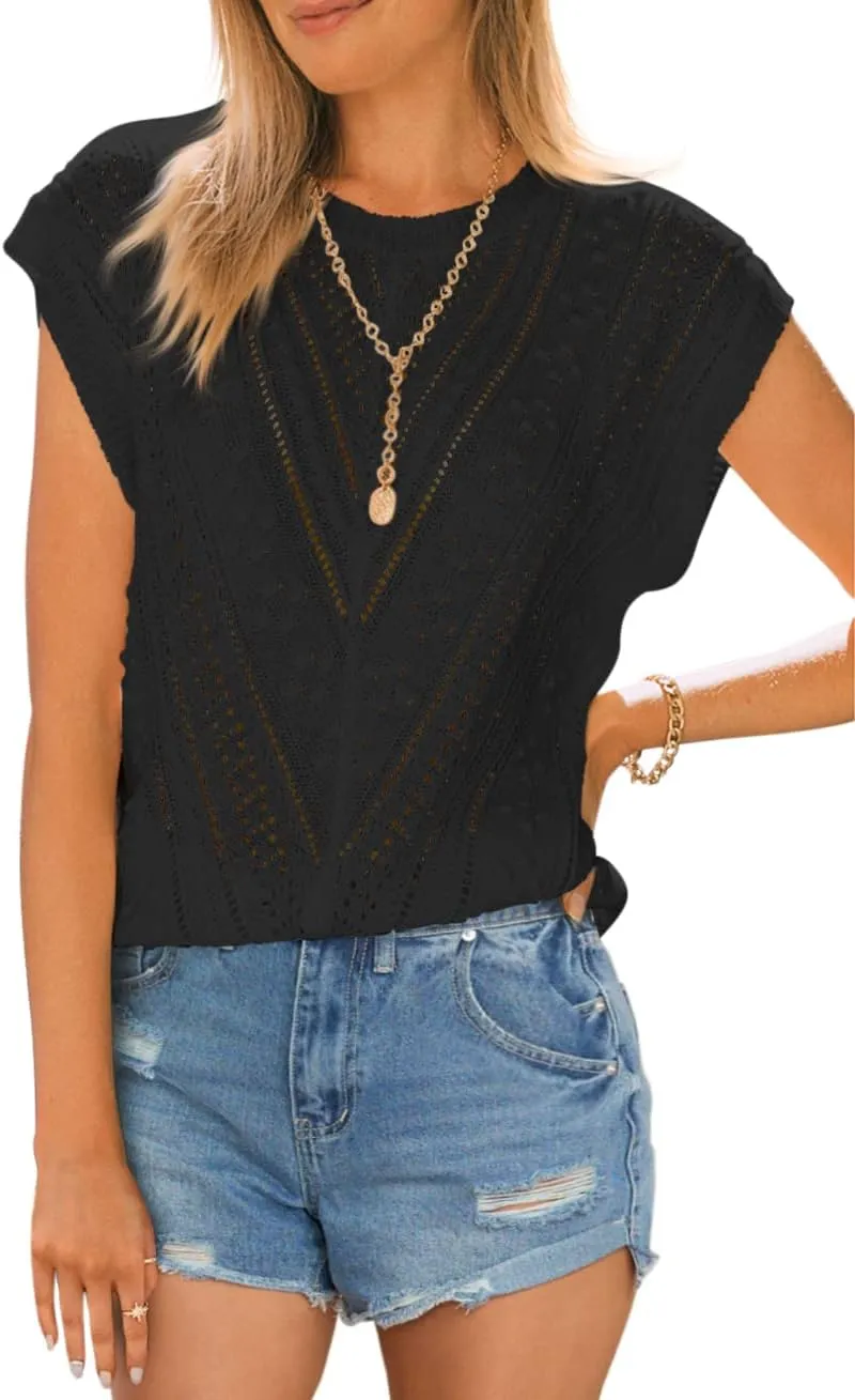 Langwyqu Womens Cap Sleeve Tops Summer Crew Neck Shirt Lightweight Crochet Knit Sweater