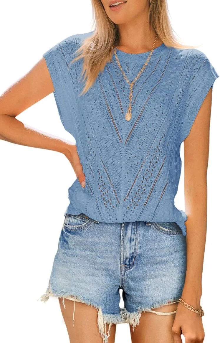 Langwyqu Womens Cap Sleeve Tops Summer Crew Neck Shirt Lightweight Crochet Knit Sweater