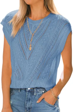 Langwyqu Womens Cap Sleeve Tops Summer Crew Neck Shirt Lightweight Crochet Knit Sweater