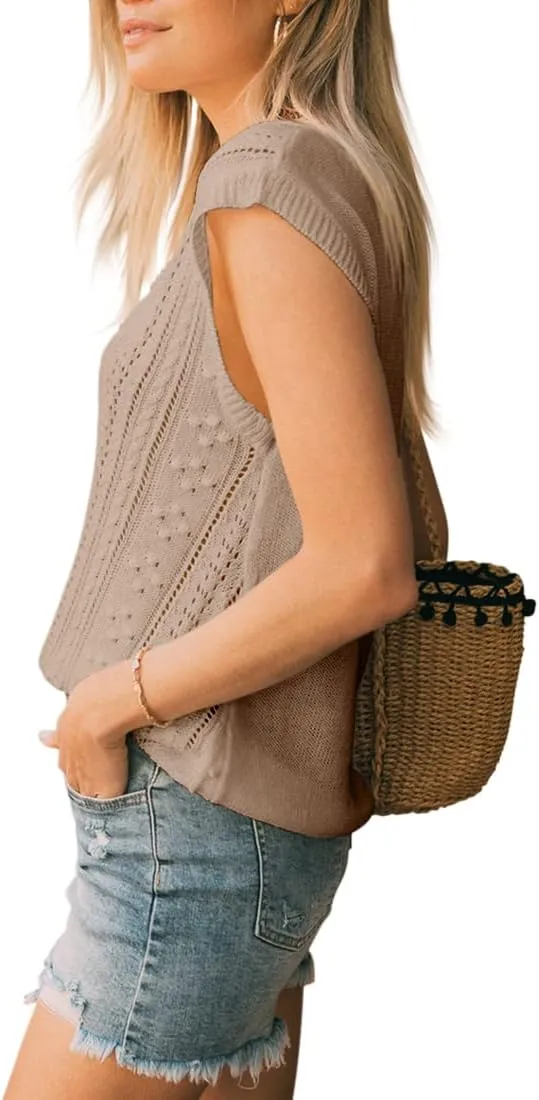 Langwyqu Womens Cap Sleeve Tops Summer Crew Neck Shirt Lightweight Crochet Knit Sweater