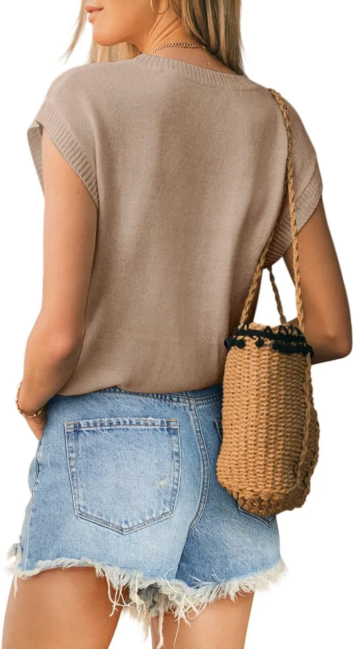 Langwyqu Womens Cap Sleeve Tops Summer Crew Neck Shirt Lightweight Crochet Knit Sweater