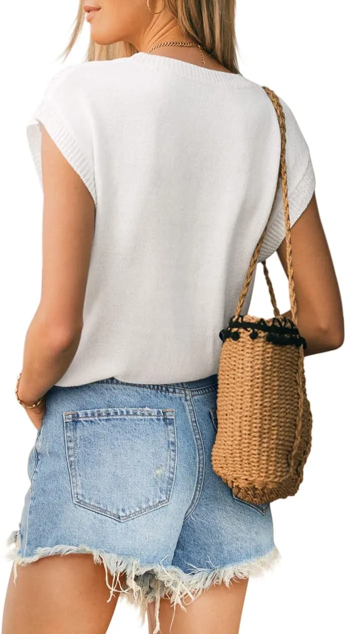 Langwyqu Womens Cap Sleeve Tops Summer Crew Neck Shirt Lightweight Crochet Knit Sweater
