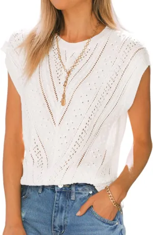 Langwyqu Womens Cap Sleeve Tops Summer Crew Neck Shirt Lightweight Crochet Knit Sweater