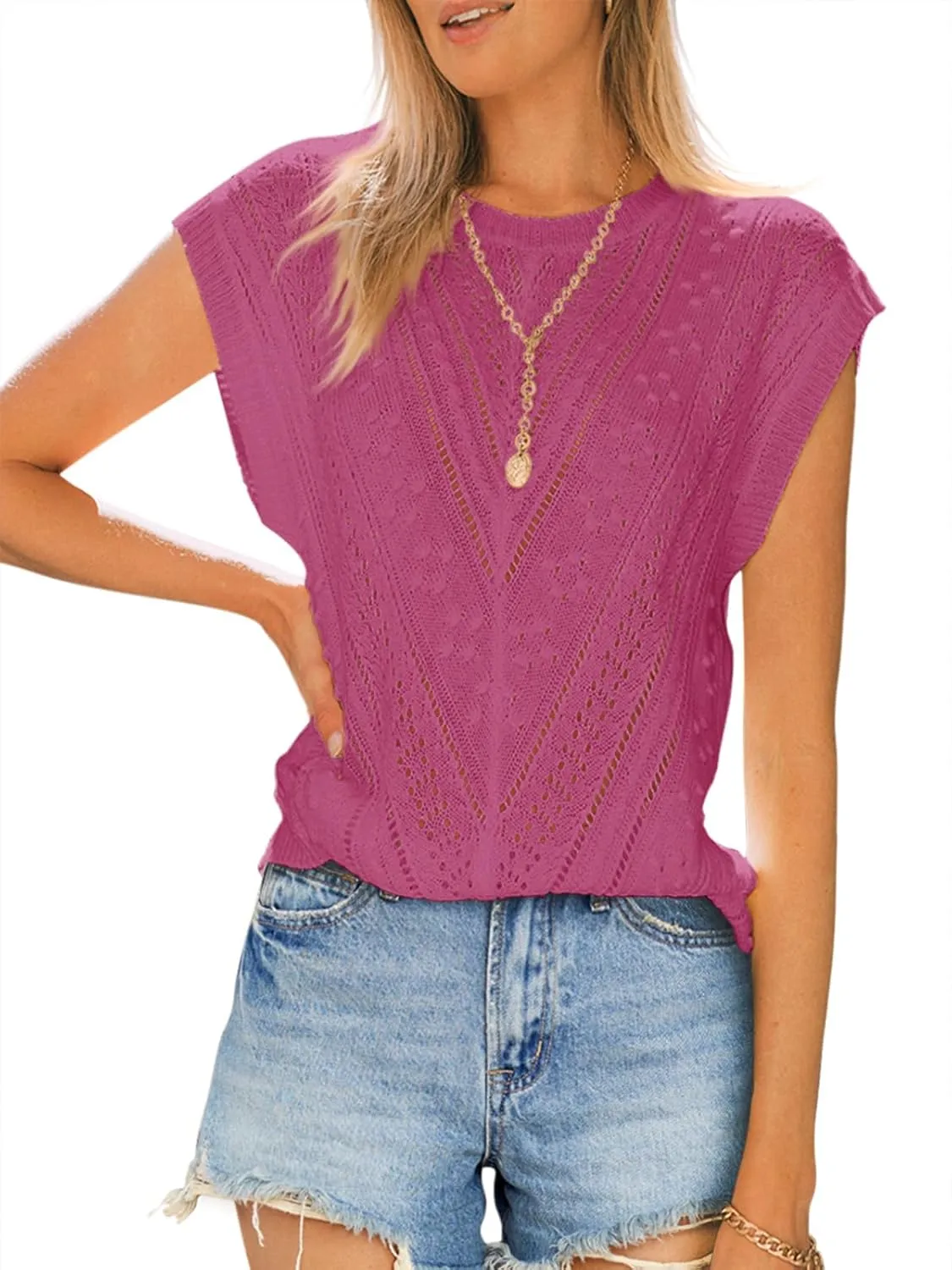 Langwyqu Womens Cap Sleeve Tops Summer Crew Neck Shirt Lightweight Crochet Knit Sweater