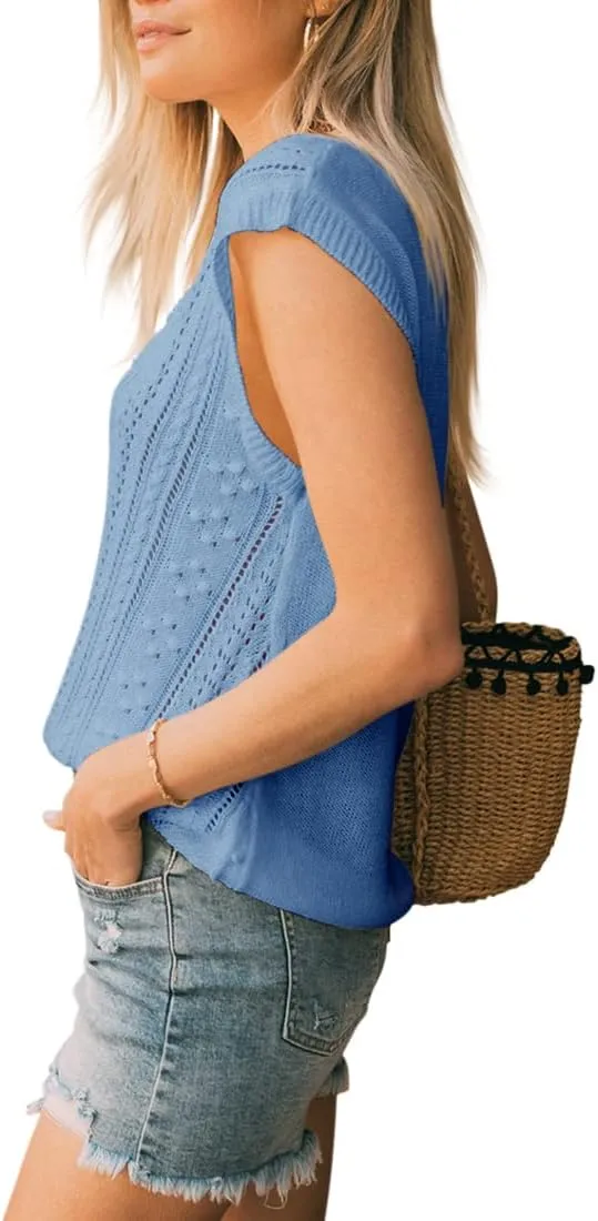 Langwyqu Womens Cap Sleeve Tops Summer Crew Neck Shirt Lightweight Crochet Knit Sweater