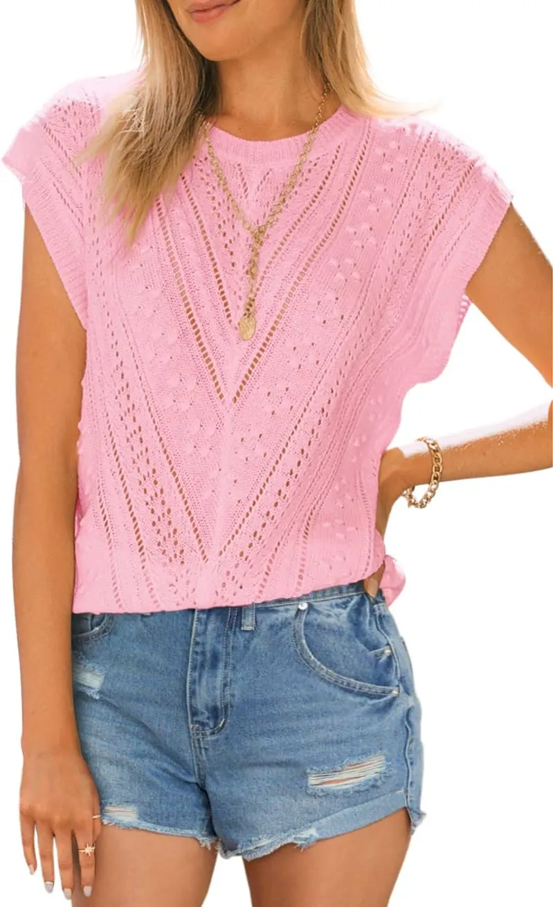 Langwyqu Womens Cap Sleeve Tops Summer Crew Neck Shirt Lightweight Crochet Knit Sweater