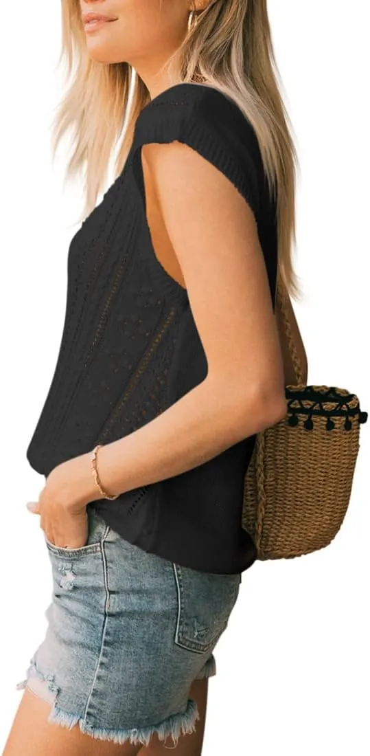 Langwyqu Womens Cap Sleeve Tops Summer Crew Neck Shirt Lightweight Crochet Knit Sweater