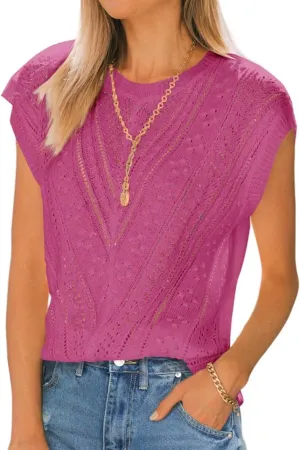 Langwyqu Womens Cap Sleeve Tops Summer Crew Neck Shirt Lightweight Crochet Knit Sweater