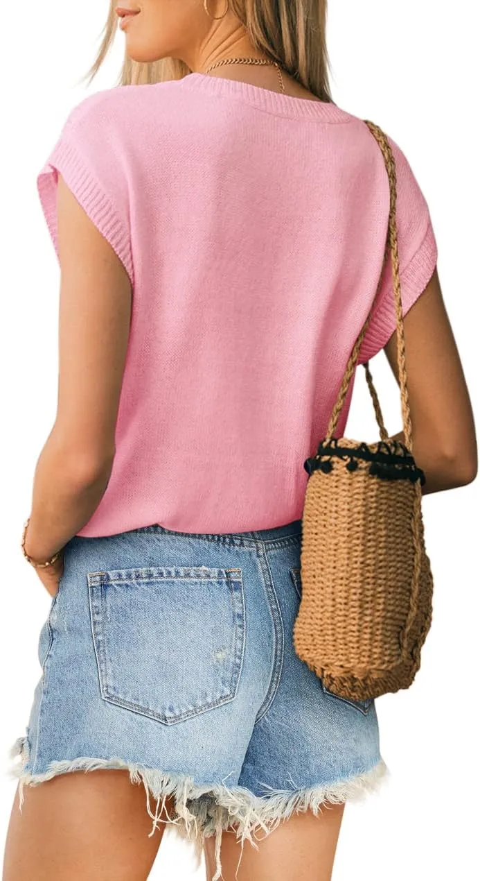 Langwyqu Womens Cap Sleeve Tops Summer Crew Neck Shirt Lightweight Crochet Knit Sweater