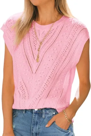 Langwyqu Womens Cap Sleeve Tops Summer Crew Neck Shirt Lightweight Crochet Knit Sweater
