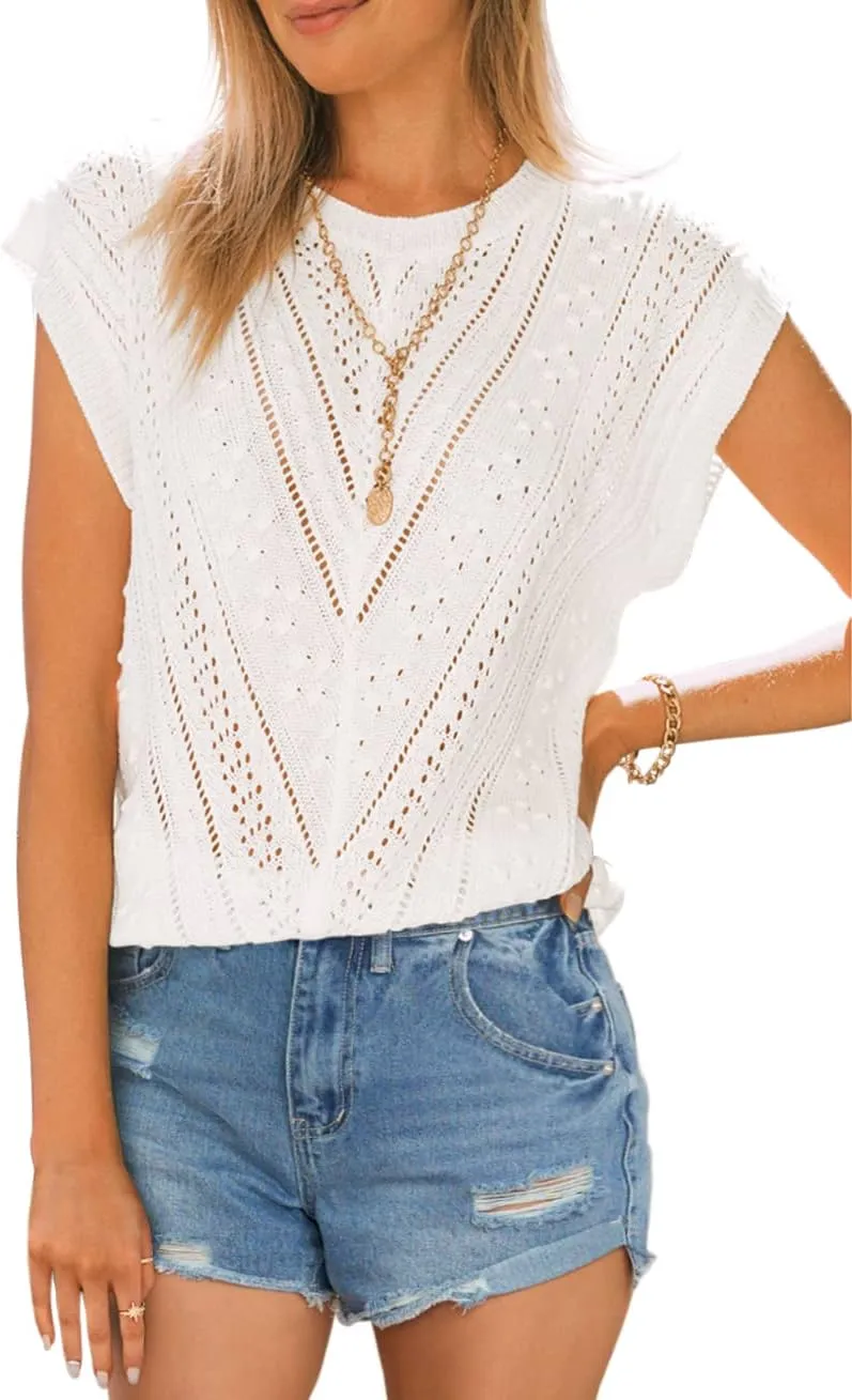 Langwyqu Womens Cap Sleeve Tops Summer Crew Neck Shirt Lightweight Crochet Knit Sweater
