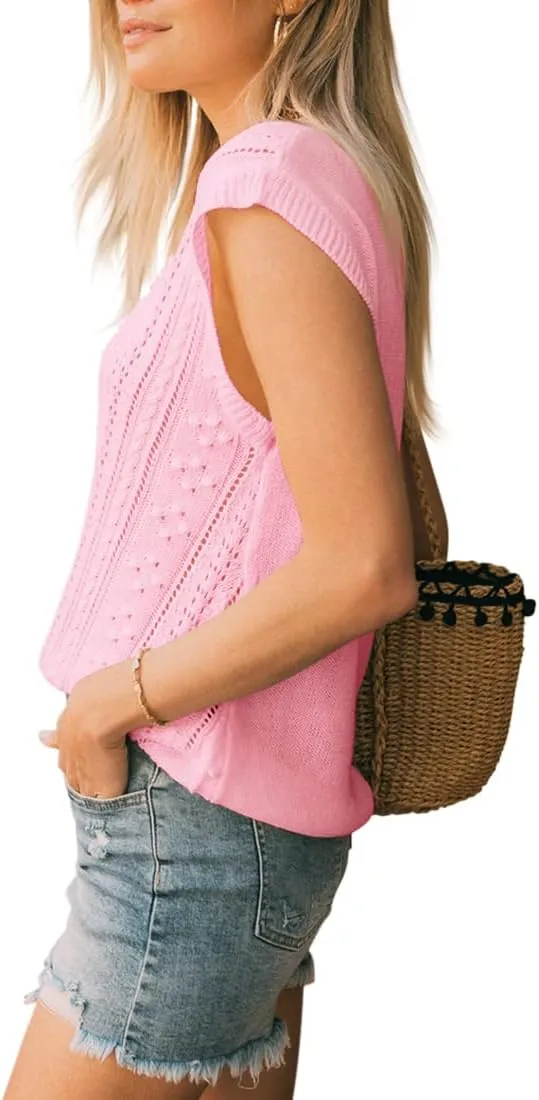 Langwyqu Womens Cap Sleeve Tops Summer Crew Neck Shirt Lightweight Crochet Knit Sweater