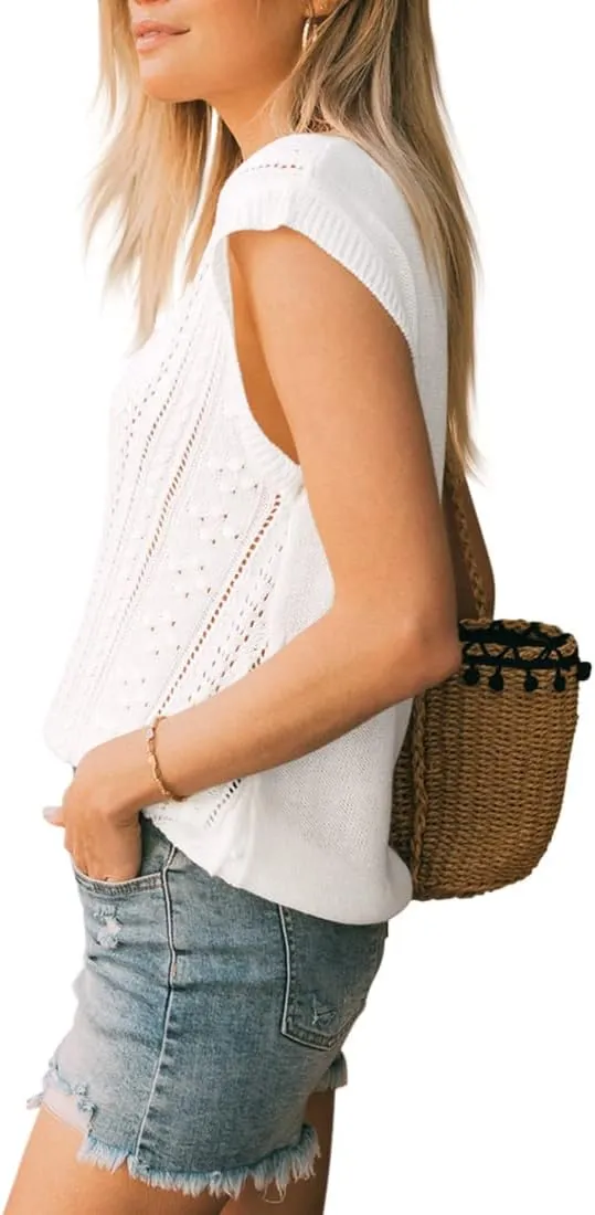 Langwyqu Womens Cap Sleeve Tops Summer Crew Neck Shirt Lightweight Crochet Knit Sweater