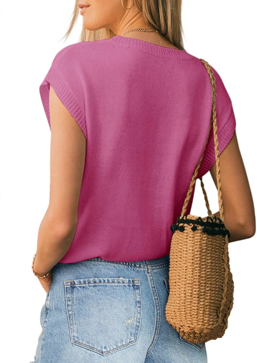Langwyqu Womens Cap Sleeve Tops Summer Crew Neck Shirt Lightweight Crochet Knit Sweater