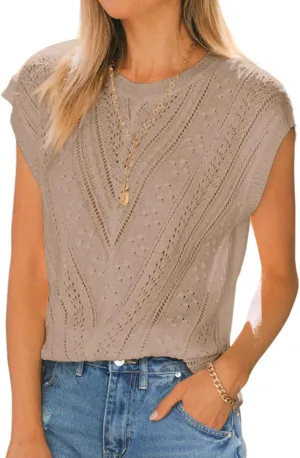 Langwyqu Womens Cap Sleeve Tops Summer Crew Neck Shirt Lightweight Crochet Knit Sweater