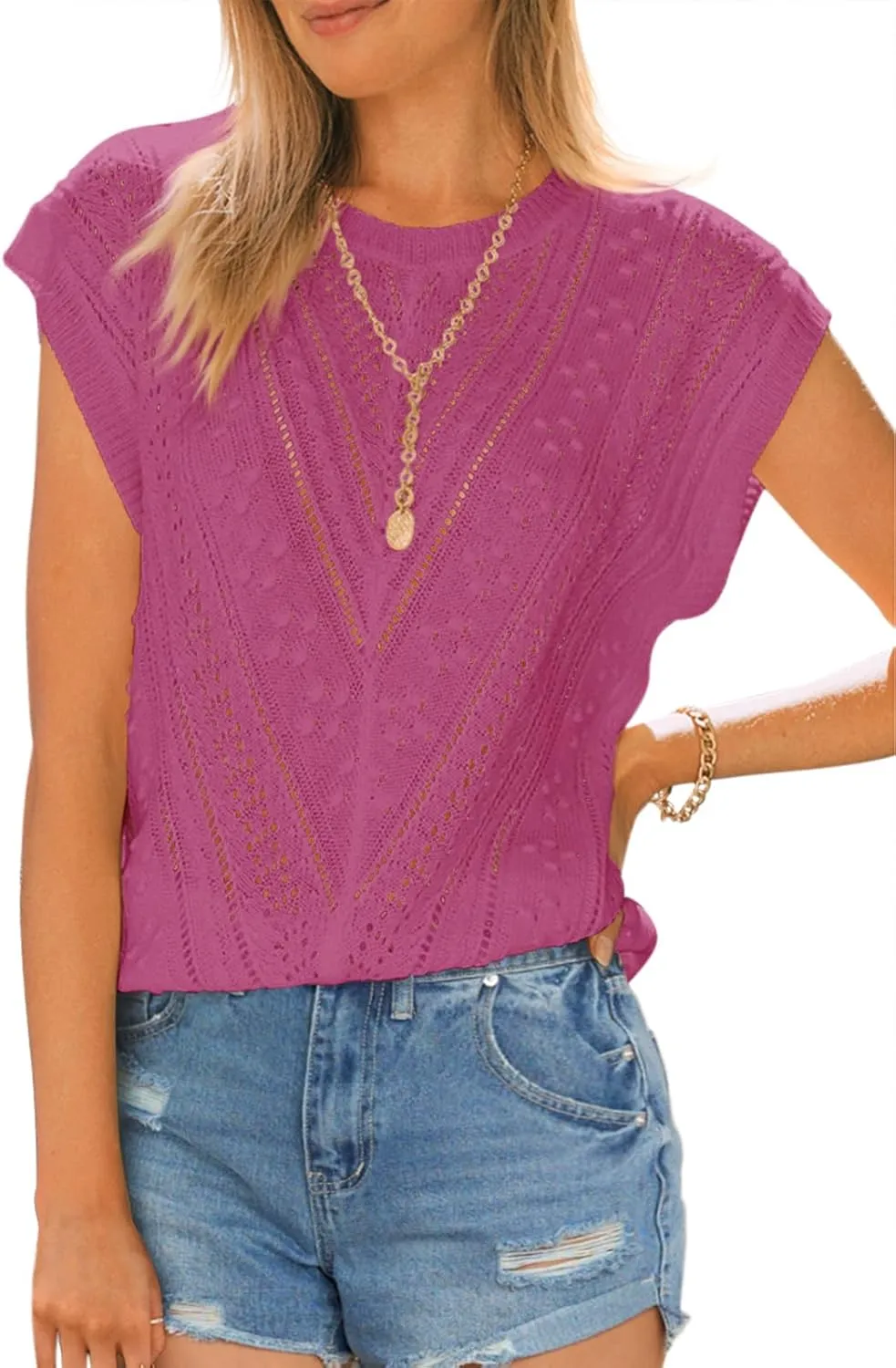 Langwyqu Womens Cap Sleeve Tops Summer Crew Neck Shirt Lightweight Crochet Knit Sweater