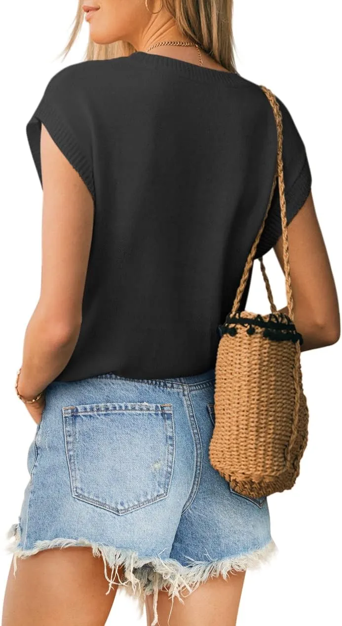 Langwyqu Womens Cap Sleeve Tops Summer Crew Neck Shirt Lightweight Crochet Knit Sweater