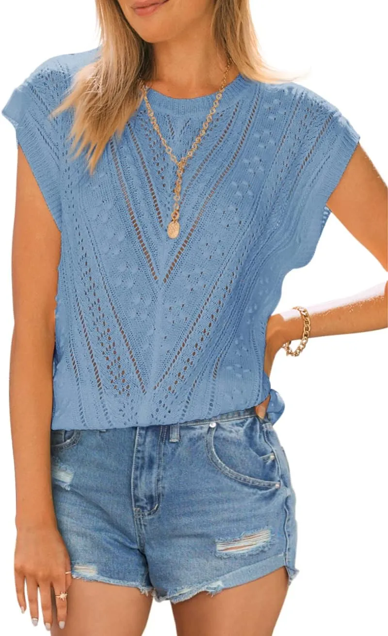 Langwyqu Womens Cap Sleeve Tops Summer Crew Neck Shirt Lightweight Crochet Knit Sweater