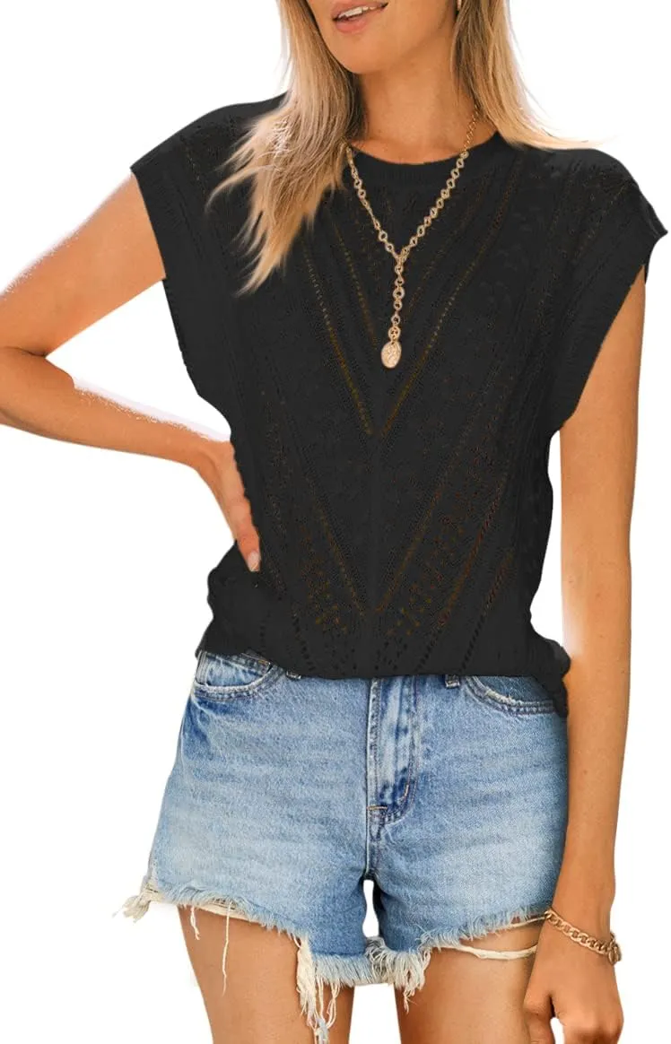 Langwyqu Womens Cap Sleeve Tops Summer Crew Neck Shirt Lightweight Crochet Knit Sweater
