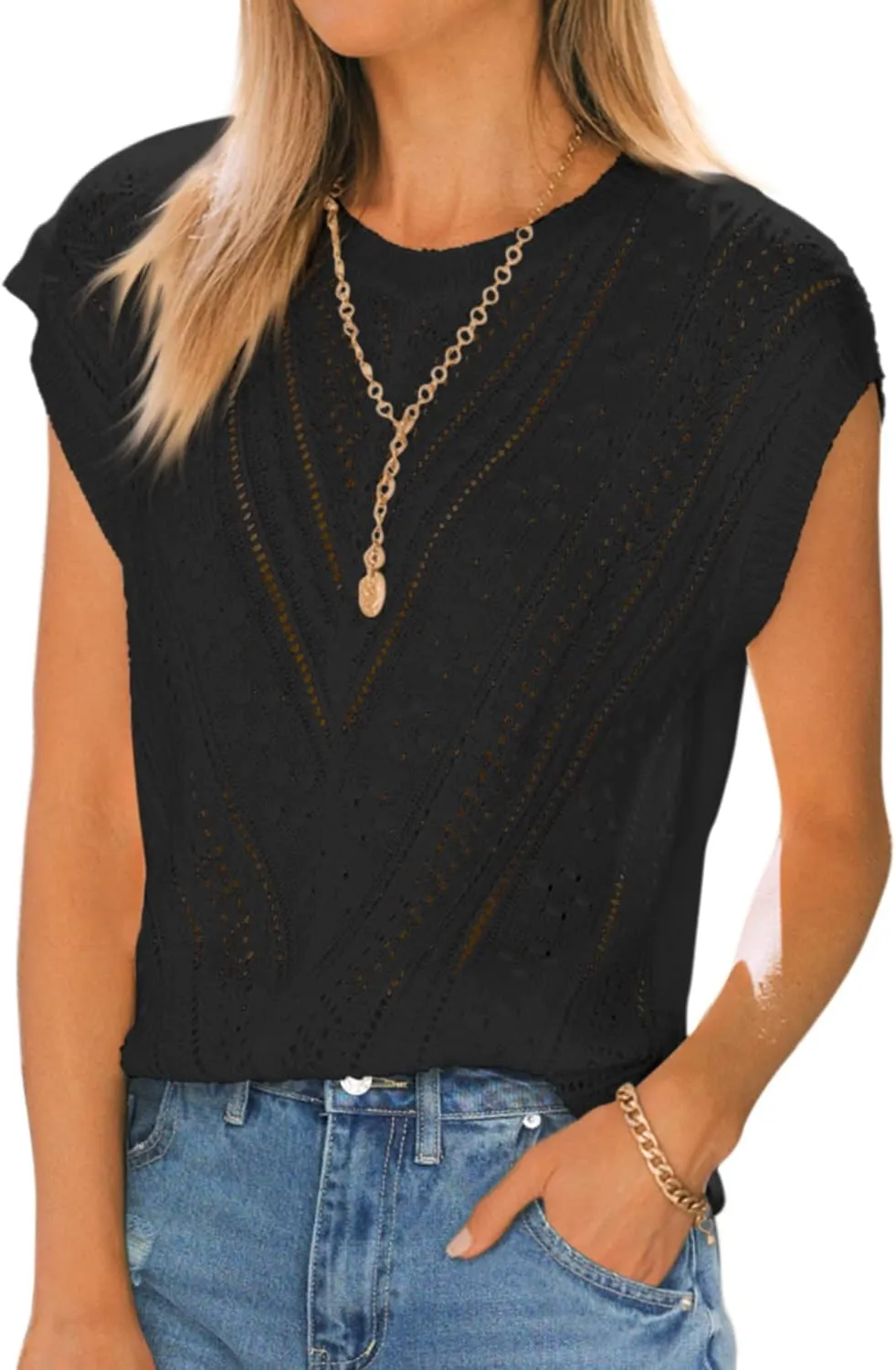 Langwyqu Womens Cap Sleeve Tops Summer Crew Neck Shirt Lightweight Crochet Knit Sweater