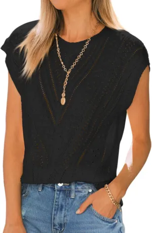 Langwyqu Womens Cap Sleeve Tops Summer Crew Neck Shirt Lightweight Crochet Knit Sweater