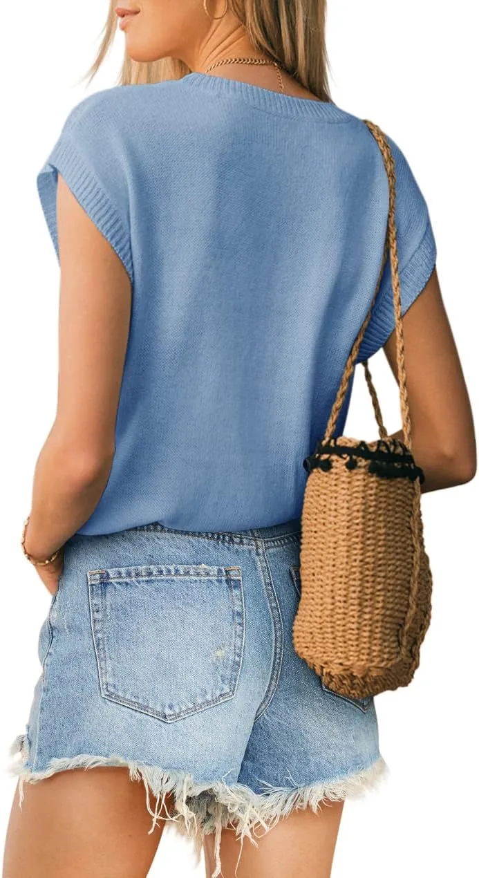 Langwyqu Womens Cap Sleeve Tops Summer Crew Neck Shirt Lightweight Crochet Knit Sweater