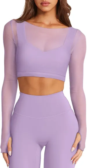 LASLULU Mesh Long Sleeve Crop Tops for Women Double Lined Workout Athletic Gym Shirts Cropped Tops with Built in Bra