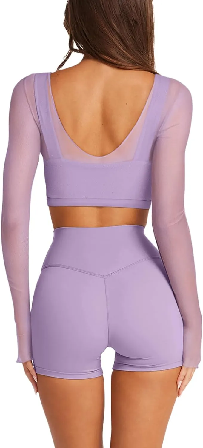 LASLULU Mesh Long Sleeve Crop Tops for Women Double Lined Workout Athletic Gym Shirts Cropped Tops with Built in Bra