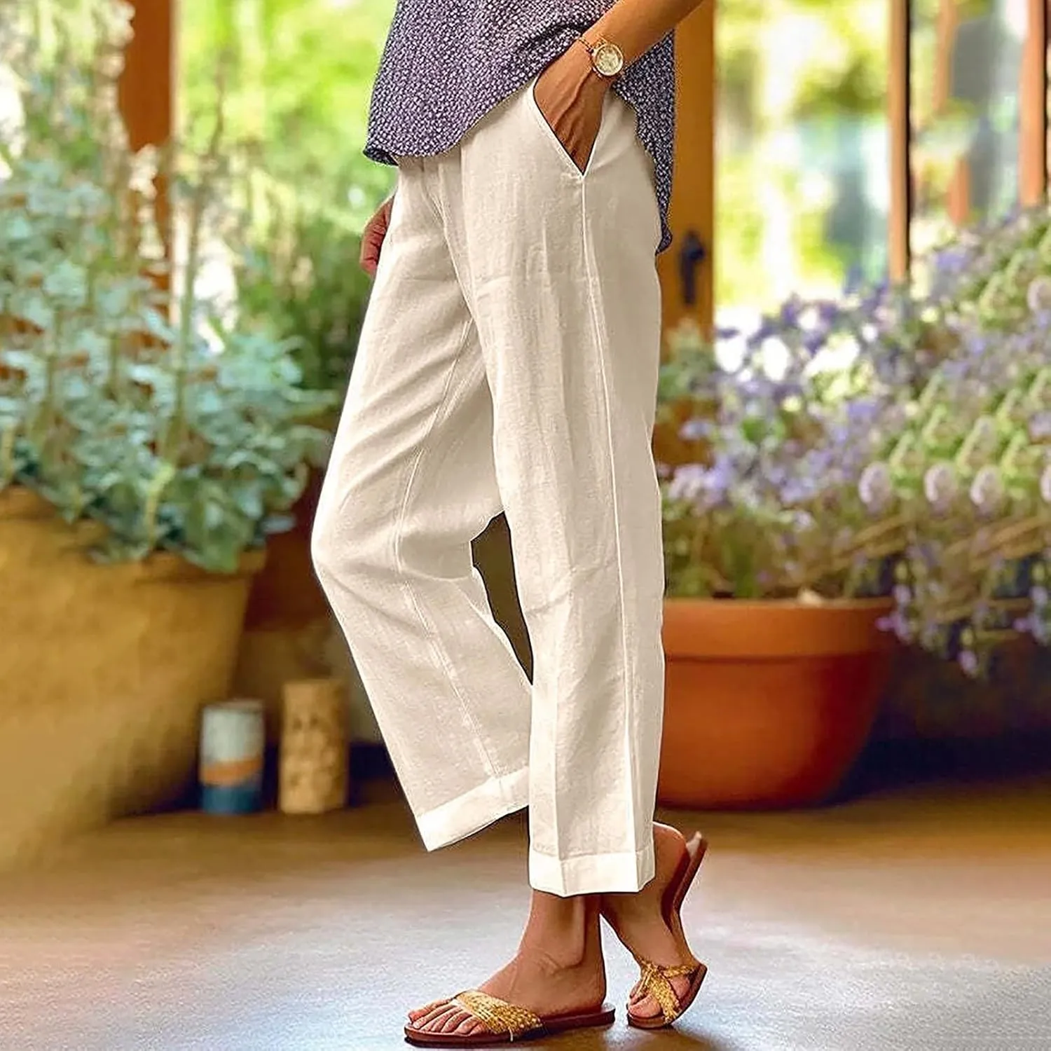 Leggings with Pockets for Women Pants Long Drawstring Linen Women Waist High Waisted Wide Leg Long Lounge Trousers