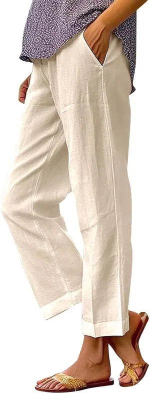 Leggings with Pockets for Women Pants Long Drawstring Linen Women Waist High Waisted Wide Leg Long Lounge Trousers