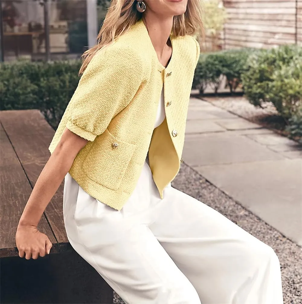 LifeShe Puff Short Sleeve Tweed Jacket Women Cropped Jackets Summer Open Front Office Work Blazer Coat