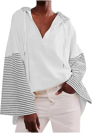Lightweight Hoodie Sweatshirts For Women 2024 Casual Long Sleeve v Neck Pullover Tops Color Block Oversized Sweatshirt