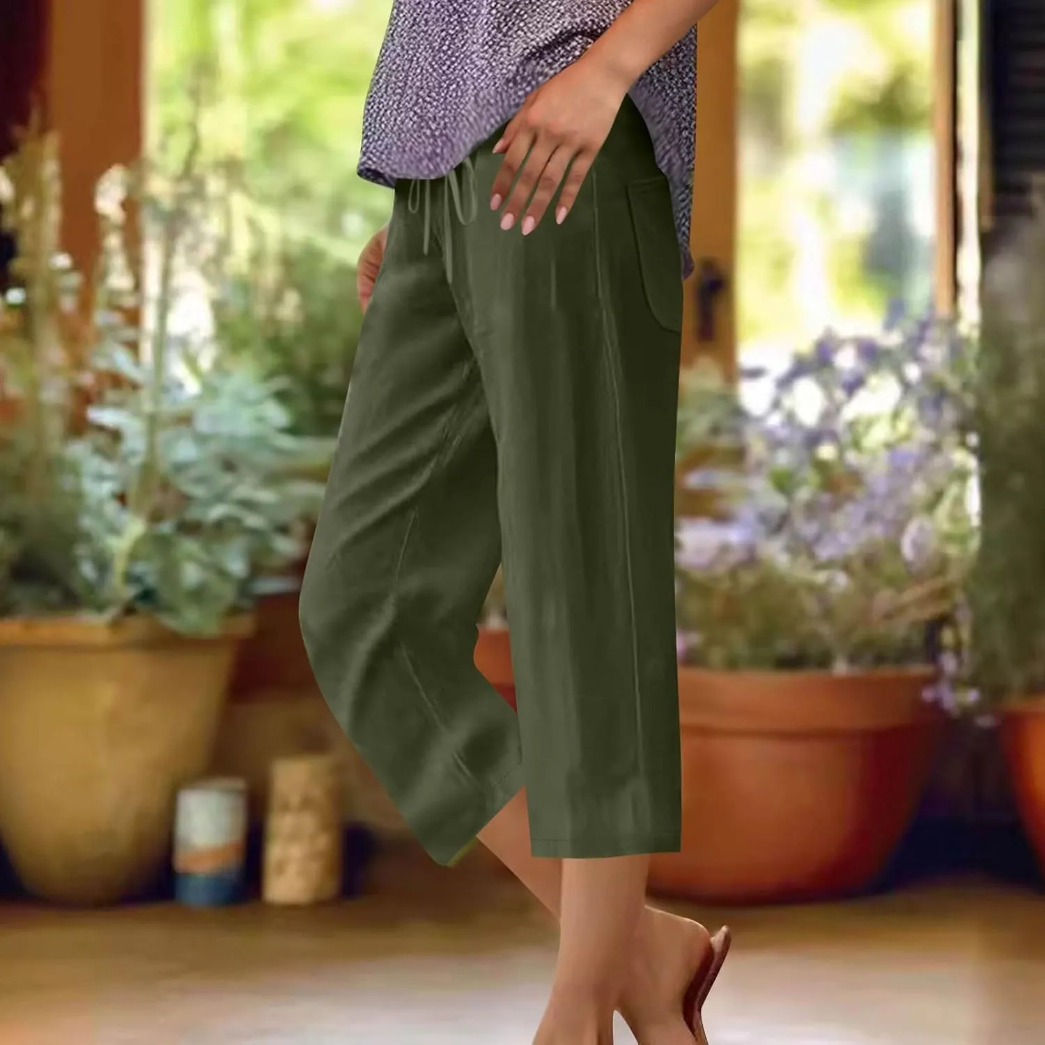 Linen Capri Pants for Women Drawstring Wide Leg Trousers Summer Comfy Casual Capris Beach Clothes with Back Pockets
