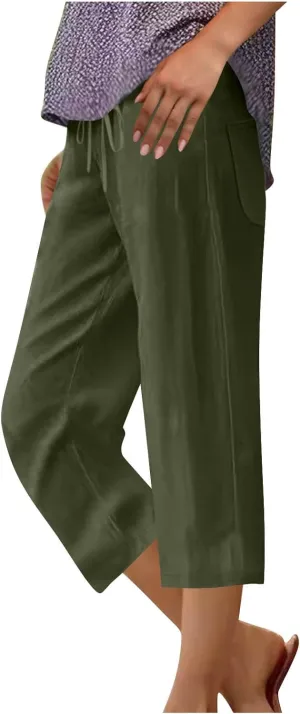 Linen Capri Pants for Women Drawstring Wide Leg Trousers Summer Comfy Casual Capris Beach Clothes with Back Pockets