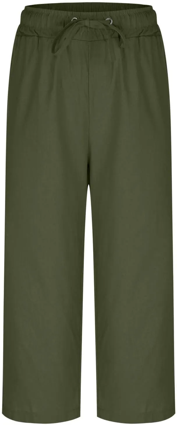 Linen Capri Pants for Women Drawstring Wide Leg Trousers Summer Comfy Casual Capris Beach Clothes with Back Pockets