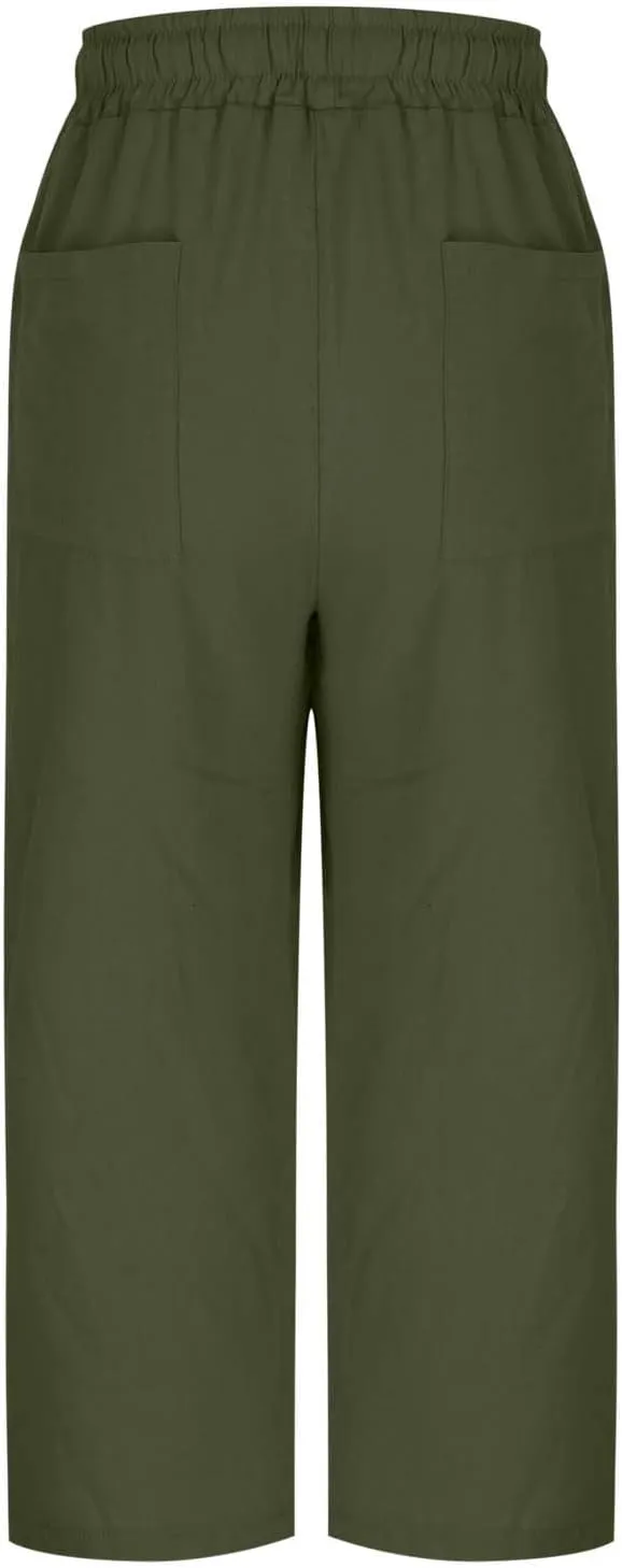 Linen Capri Pants for Women Drawstring Wide Leg Trousers Summer Comfy Casual Capris Beach Clothes with Back Pockets