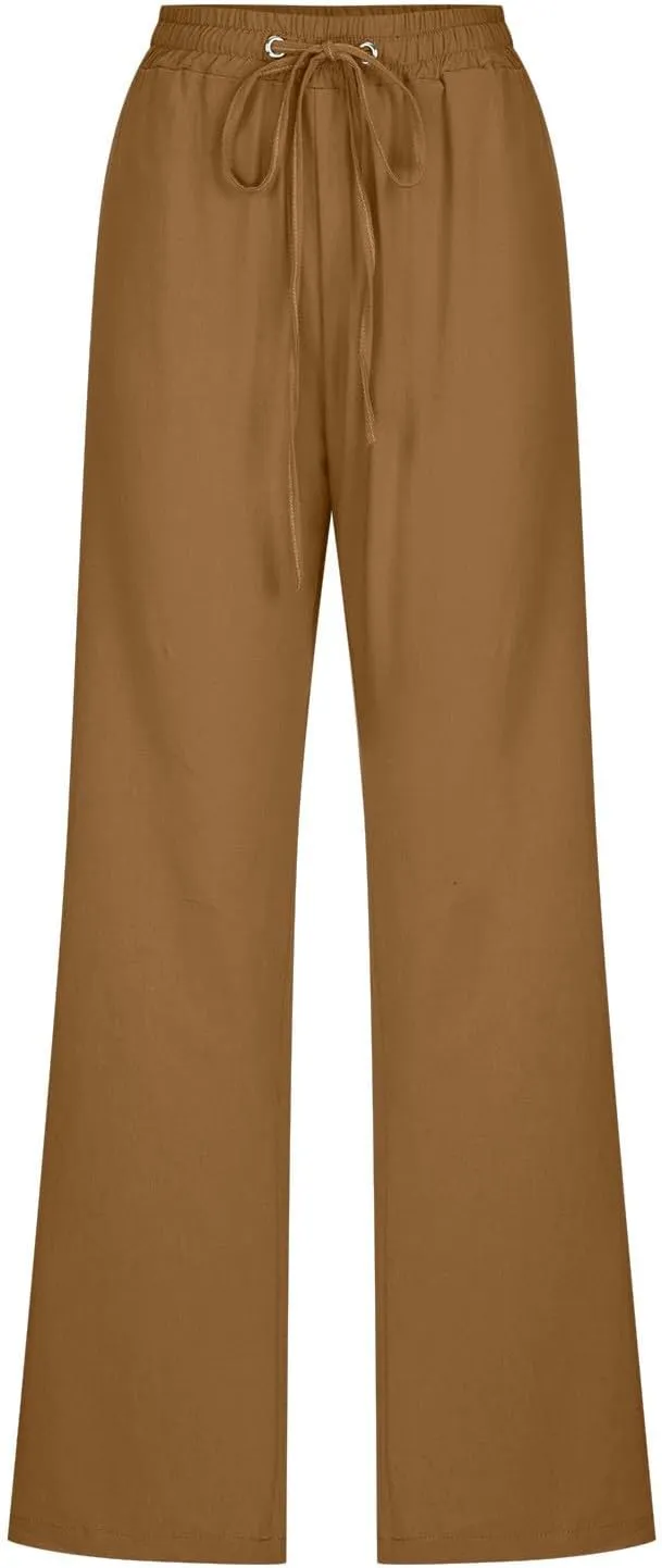 Linen Casual Pants for Women Summer Loose Fit High Waist Pants 2025 Solid Color Drawstring Elastic Trousers