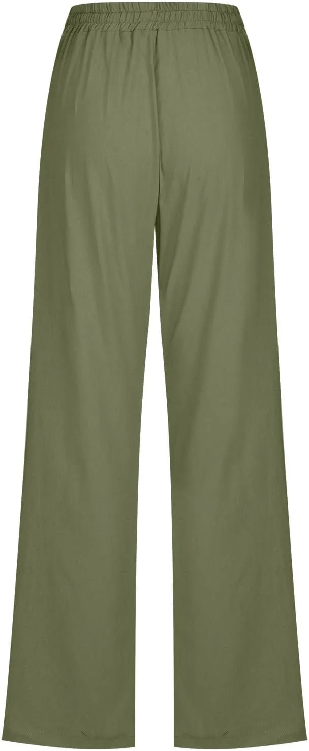 Linen Casual Pants for Women Summer Loose Fit High Waist Pants 2025 Solid Color Drawstring Elastic Trousers