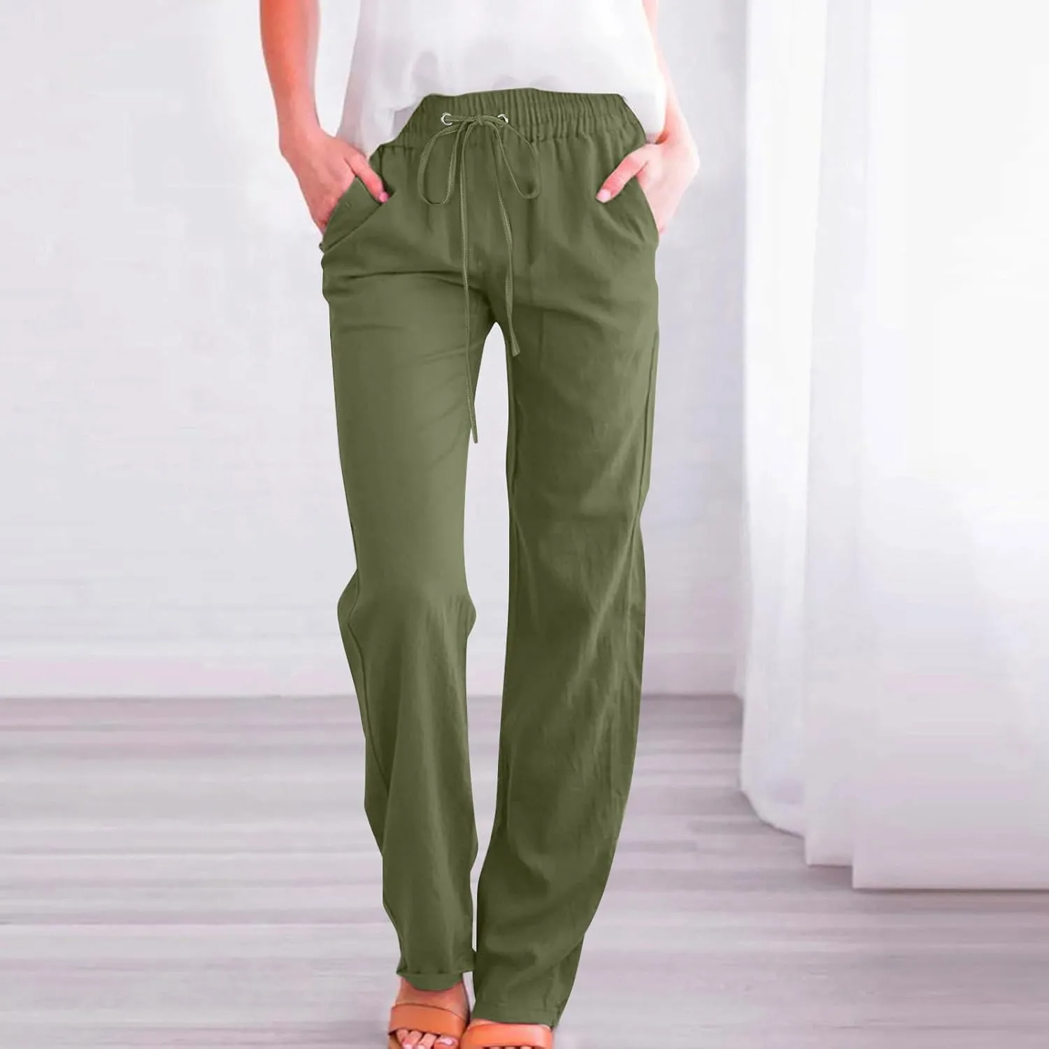 Linen Casual Pants for Women Summer Loose Fit High Waist Pants 2025 Solid Color Drawstring Elastic Trousers