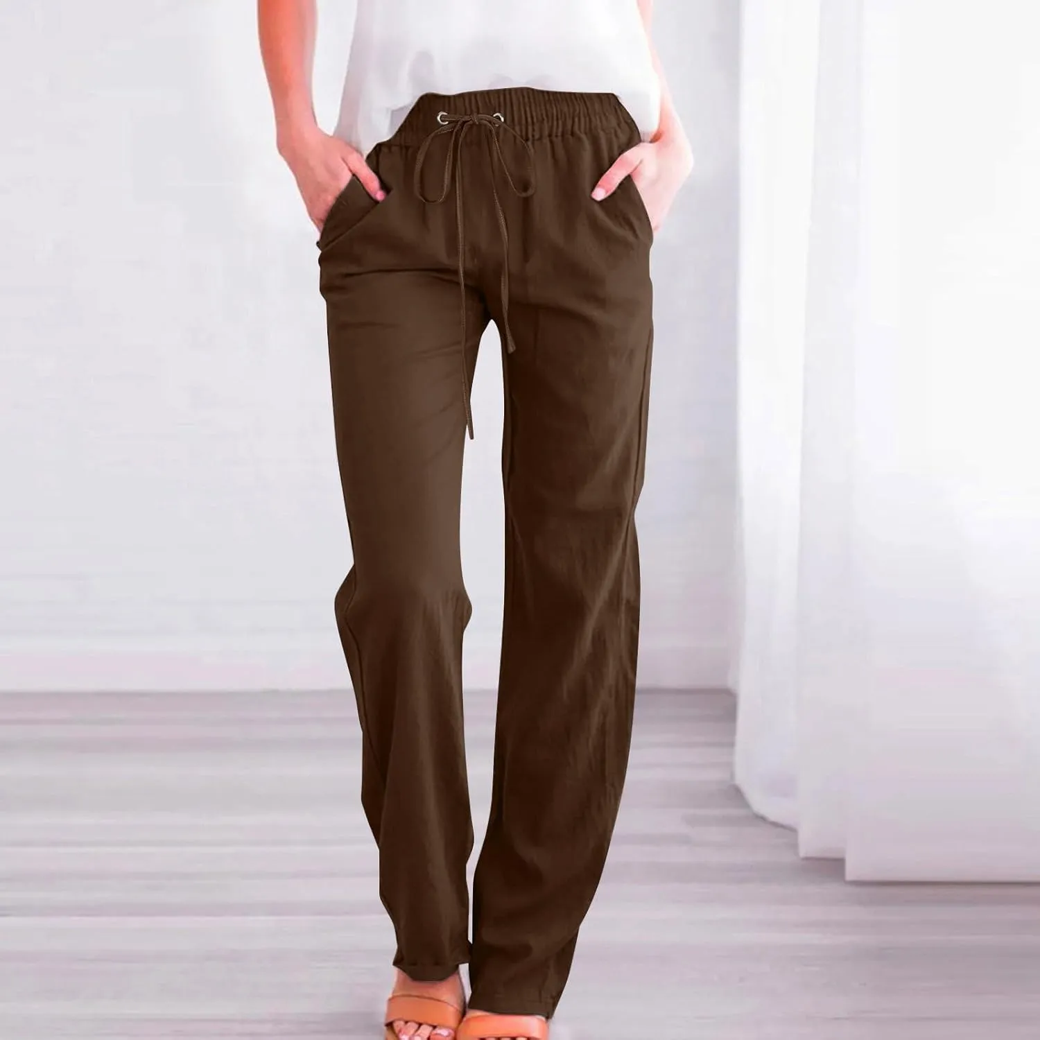 Linen Casual Pants for Women Summer Loose Fit High Waist Pants 2025 Solid Color Drawstring Elastic Trousers