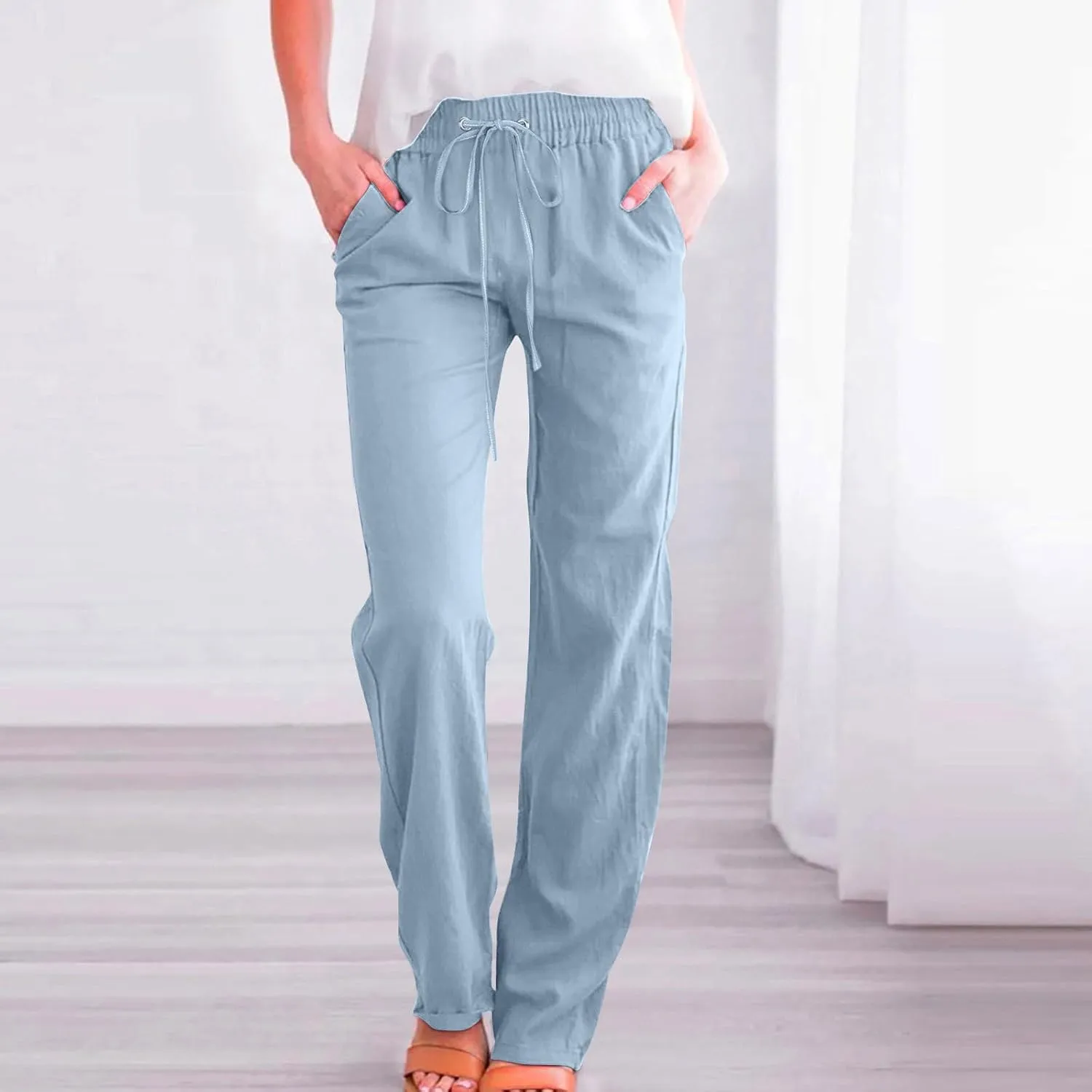 Linen Casual Pants for Women Summer Loose Fit High Waist Pants 2025 Solid Color Drawstring Elastic Trousers
