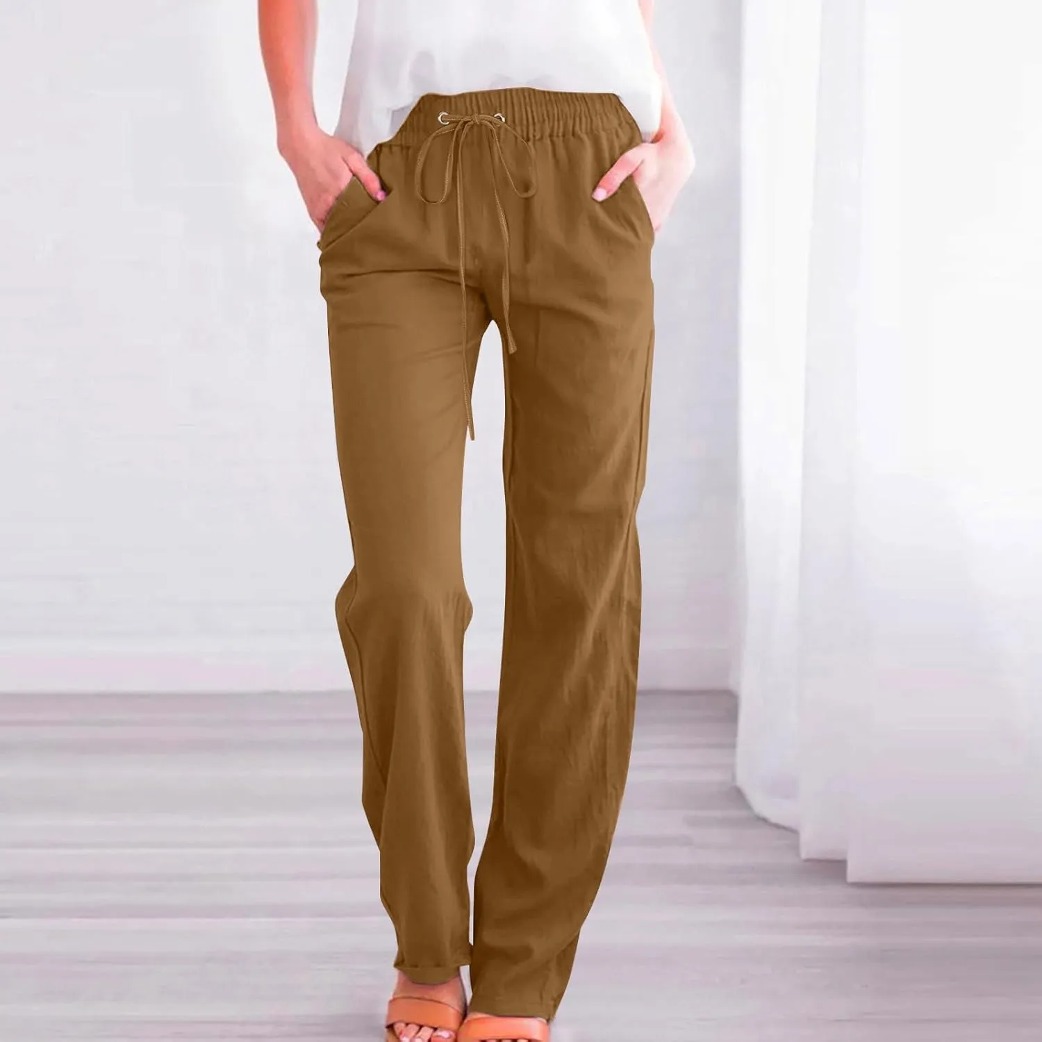 Linen Casual Pants for Women Summer Loose Fit High Waist Pants 2025 Solid Color Drawstring Elastic Trousers