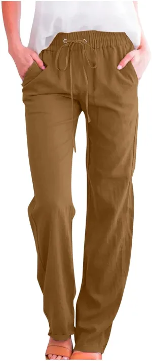 Linen Casual Pants for Women Summer Loose Fit High Waist Pants 2025 Solid Color Drawstring Elastic Trousers