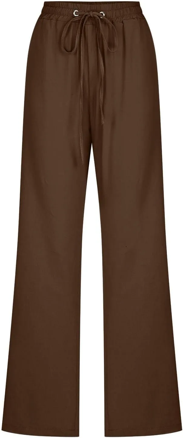 Linen Casual Pants for Women Summer Loose Fit High Waist Pants 2025 Solid Color Drawstring Elastic Trousers