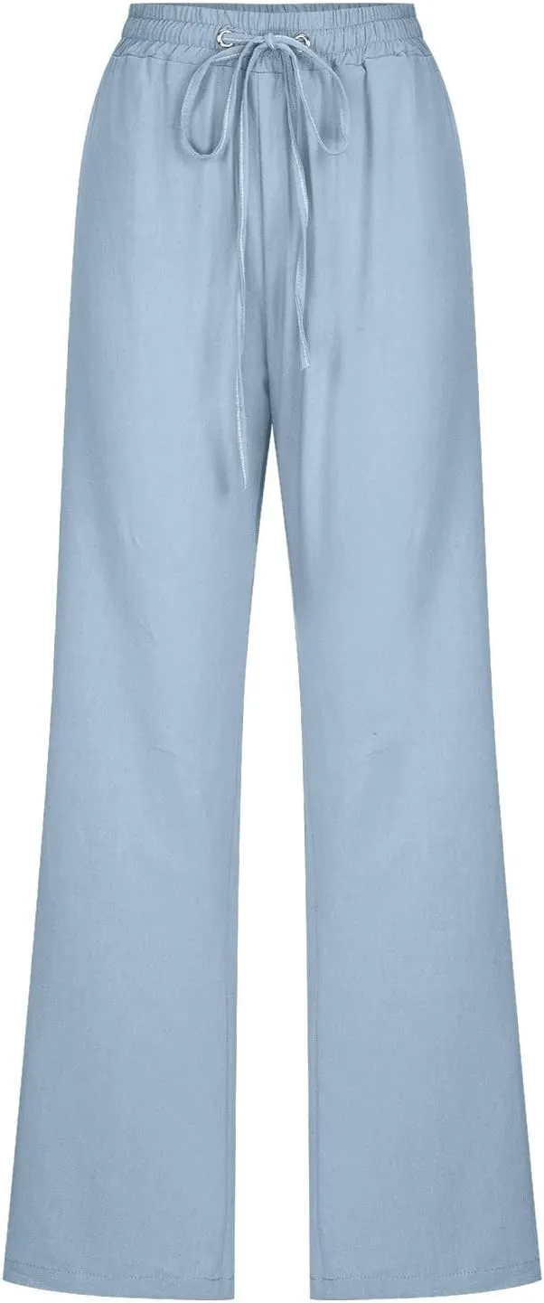 Linen Casual Pants for Women Summer Loose Fit High Waist Pants 2025 Solid Color Drawstring Elastic Trousers