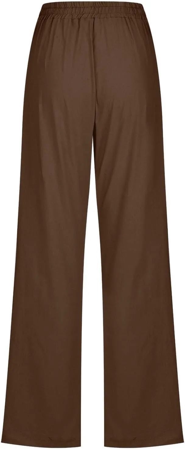 Linen Casual Pants for Women Summer Loose Fit High Waist Pants 2025 Solid Color Drawstring Elastic Trousers