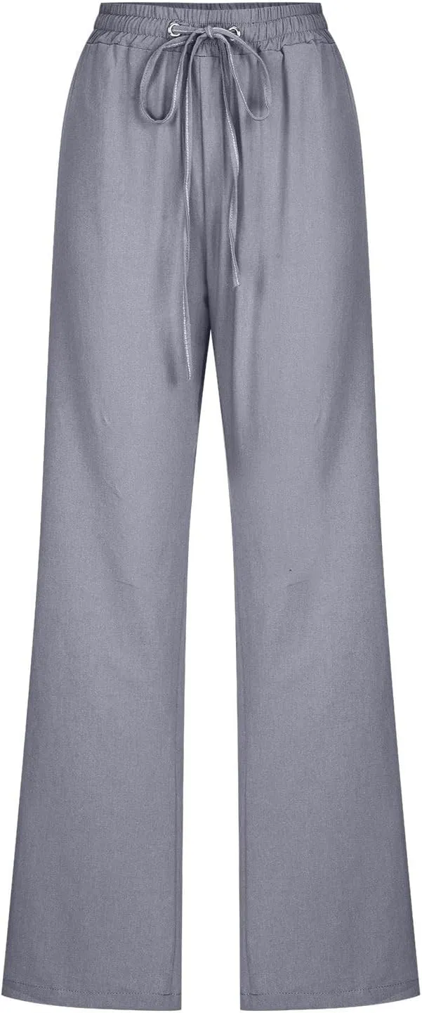 Linen Casual Pants for Women Summer Loose Fit High Waist Pants 2025 Solid Color Drawstring Elastic Trousers